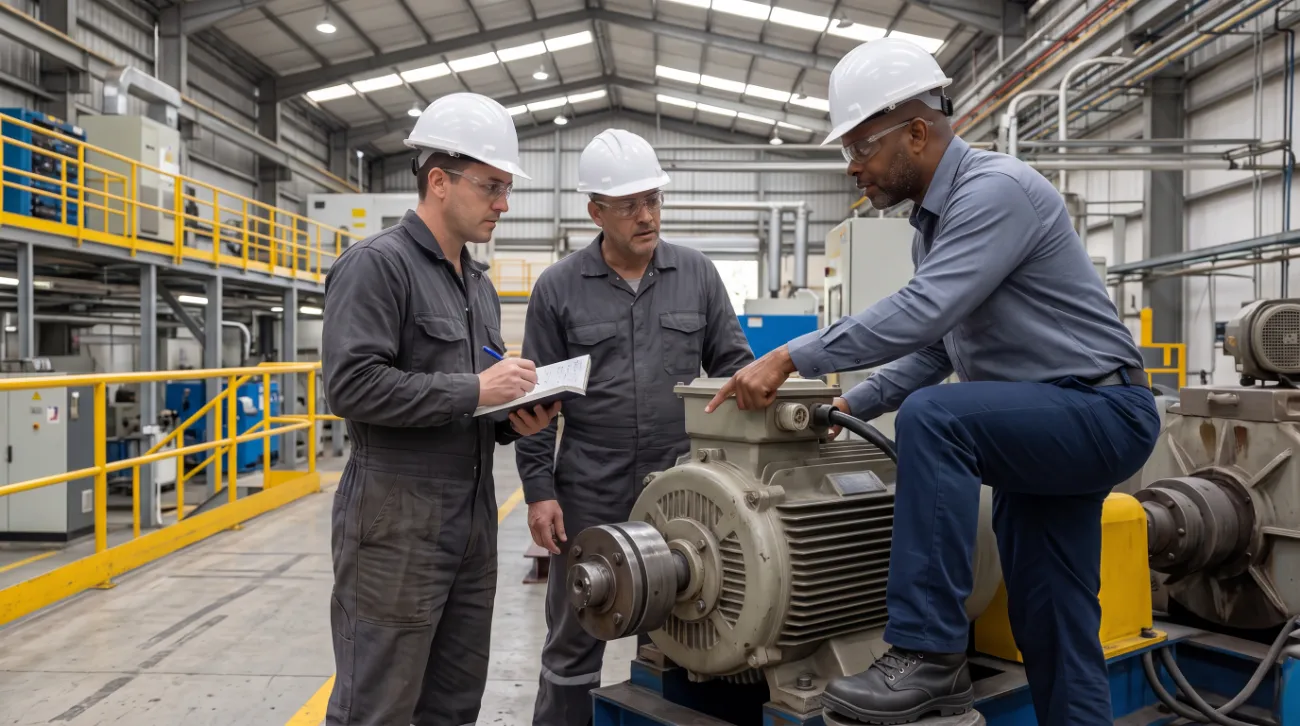 Ingenieros revisando un motor eléctrico en planta